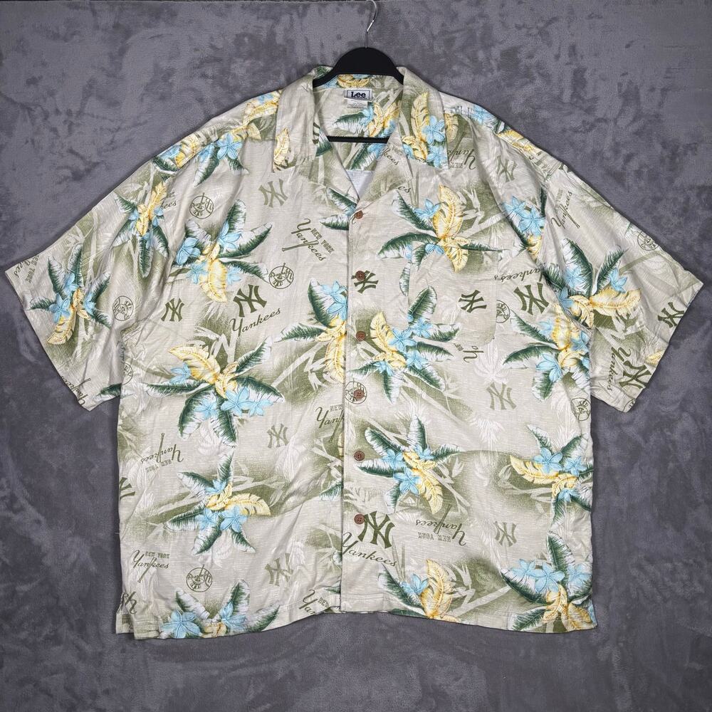 Vintage Lee Sport New York Yankees Hawaiian Camp Shirt Rayon XXL MLB Aloha